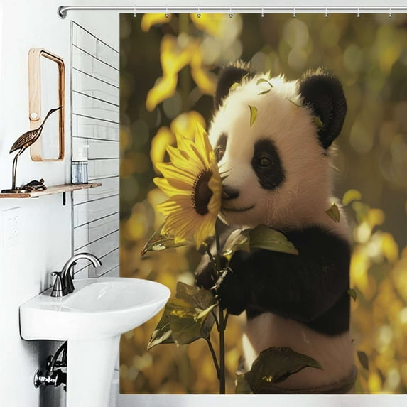 Shower Curtain Cute Sunflower Panda Bear Bath Curtain Polyester Fabric Bathroom Ration With Hooks