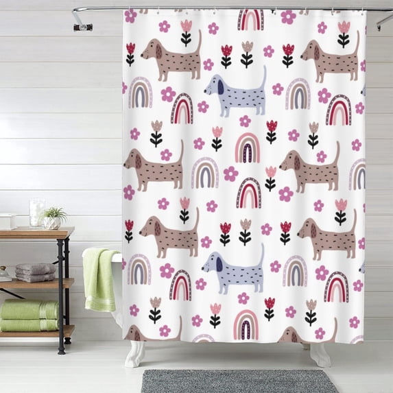 Shower Curtain, Cute dog N Waterproof Fabric Plastic Shower Curtain, Drying Fast Bathroom Curtain with 9 Buttonholes, Ruffle Shower Curtain 60x72in