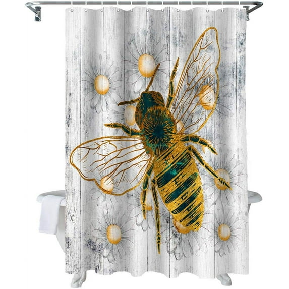 Shower Curtain Daisy and Bee Shower Curtains for Bathroom Decor Wood Grain Shower Curtain Sets with Hooks Waterproof Fabric Bath Curtain Extra Long 72" X 84"
