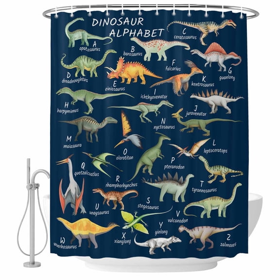 Shower Curtain Dinosaur Family Bathroom Curtains with Hooks, Waterproof Fabric Learning Alphabet A to Z Name Blue Bath Shower Curtains Set for Bathroom Bathtubs Decor 36x72 Inch