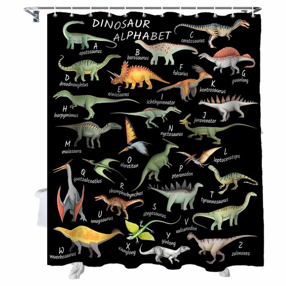 Shower Curtain Dinosaur Family Shower Curtains for Bathroom Bathtub, Waterproof Fabric Shower Curtain Set with Hooks, Small Stall Size 36" x 72" Learning Alphabet A to Z Name Black