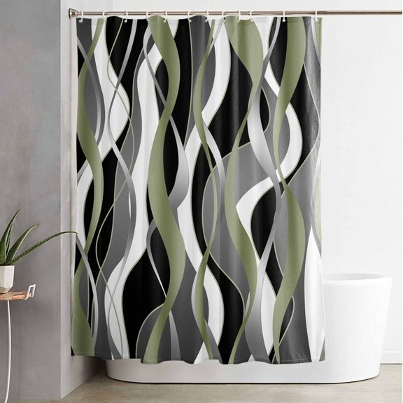 Shower Curtain, Distortion Sage Green Stripes Waterproof Shower Curtain Set with Hooks for Bathroom Showers,Stalls and Bathtubs,60x72In Abstract Geometric Art