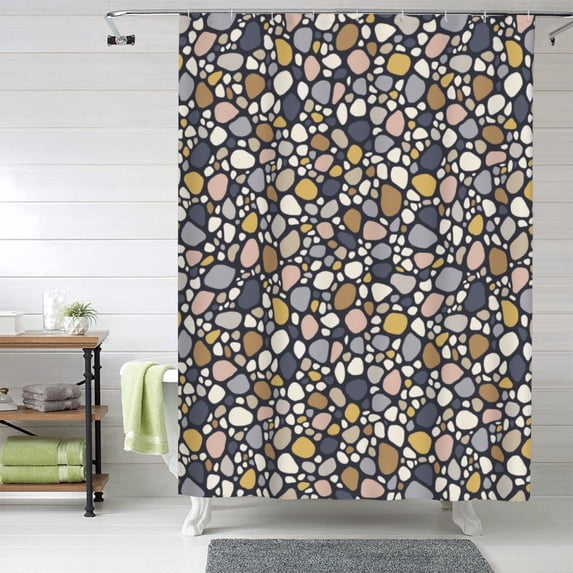 Shower Curtain, Doodle Sea Pebbles Waterproof Fabric Plastic Shower Curtain, Drying Fast Bathroom Curtain with 9 Buttonholes, Ruffle Shower Curtain 60x72in