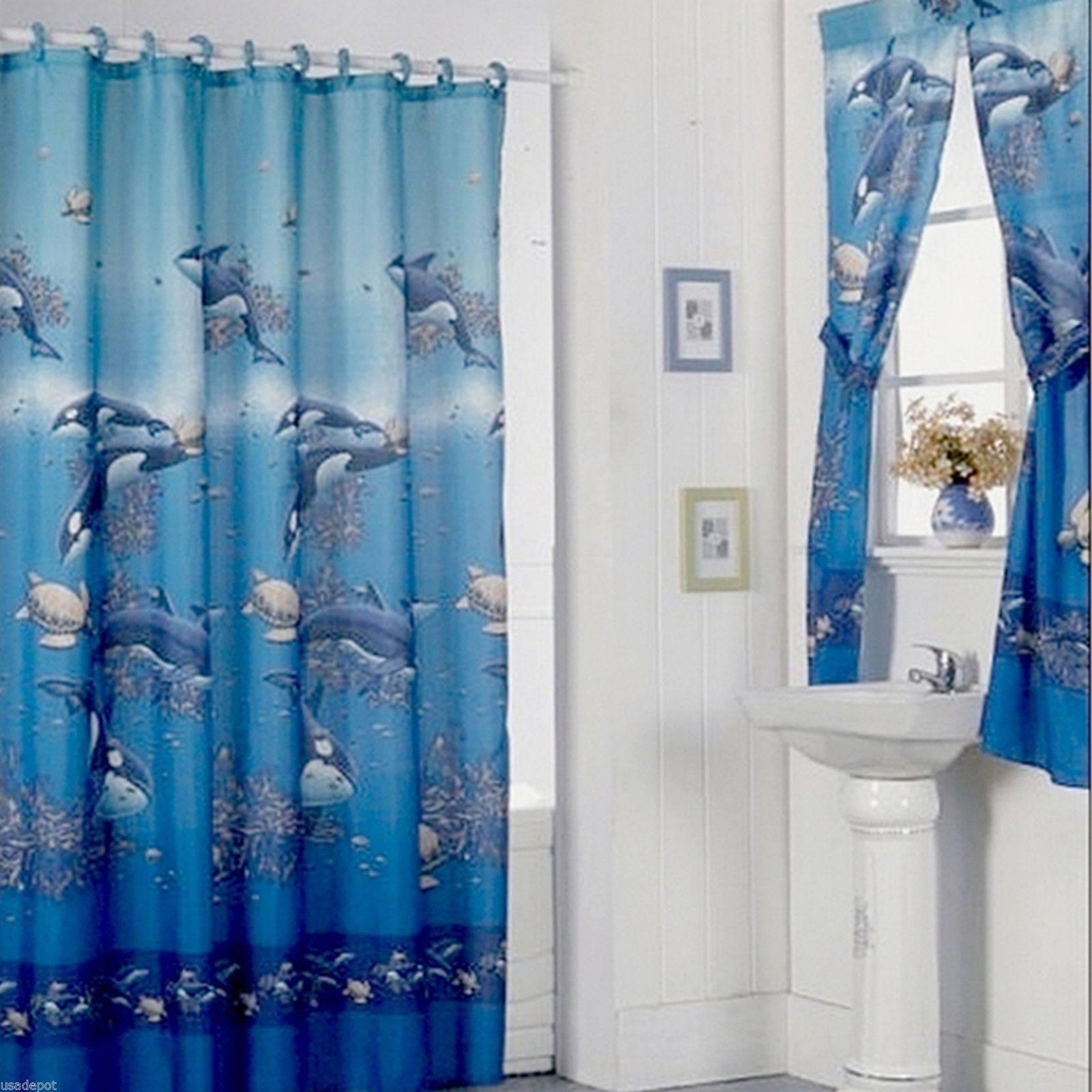 Shower Curtain Drapes + Bathroom Window Set w/ Liner+Rings Aqua Blue