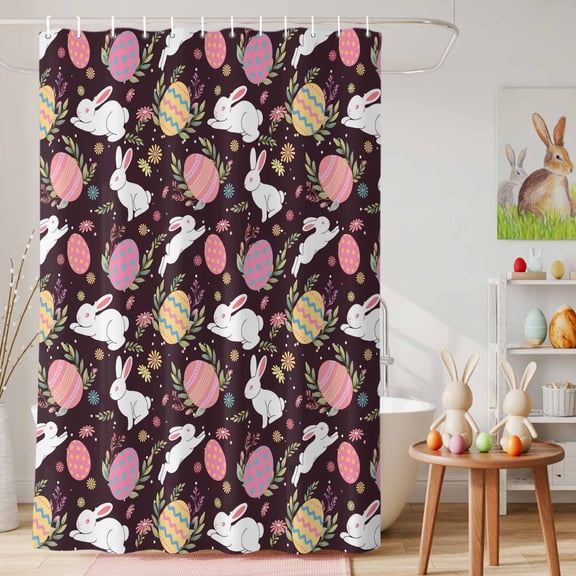 Shower Curtain, Easter Egg Bunny Country Herb Waterproof Shower Curtain Set with Hooks for Bathroom Showers,Stalls and Bathtubs,36x72In Farmhouse Rabbit on Black