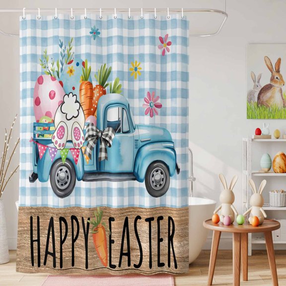 Shower Curtain, Easter Truck with Rabbit Eggs Carrot Waterproof Shower Curtain Set with Hooks for Bathroom Showers,Stalls and Bathtubs,36x72In Wood Barn and Blue Checker