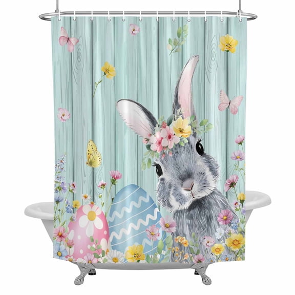 Shower Curtain, Easter Waterproof Fabric Bathroom Shower Curtains Set with Hooks,72 X 72 Inch Long, Easter Bunny Eggs Spring Floral Light Blue Wood