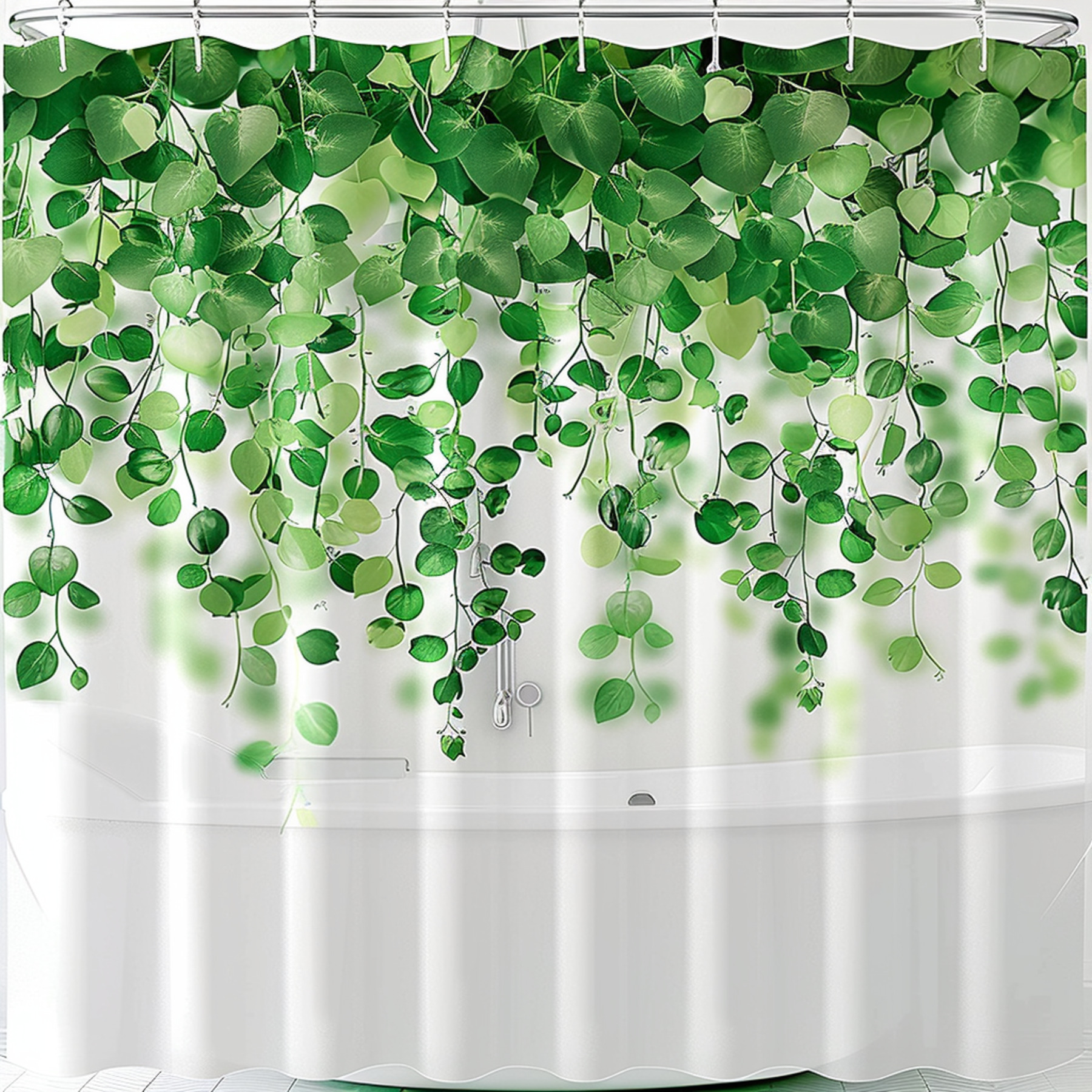 Shower Curtain Ecofriendly White and Green Leaves Bathroom Decor