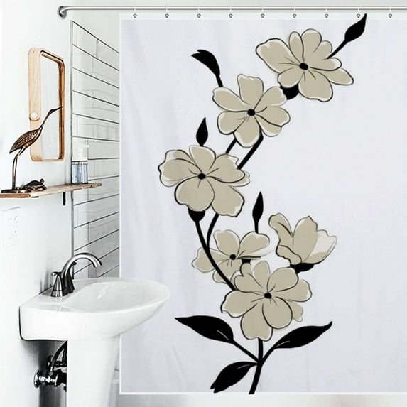 Shower Curtain Elegant Beige Floral Branch Art Polyester Waterproof Home Ration Curtain With Hook