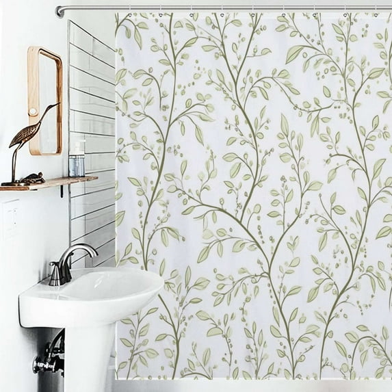 Shower Curtain Elegant Green Leafy White Pattern Polyester Waterproof Home Ration Curtain With Hook