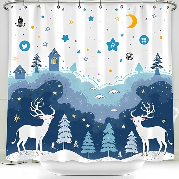 Shower Curtain - Elegant White Reindeer in Snowy Landscape with Starry Night Sky Perfect for a Serene Bathroom Decor