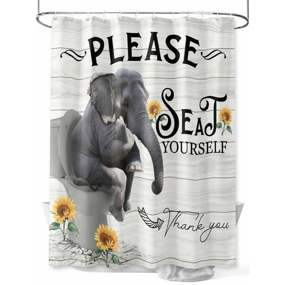 Shower Curtain Elephant Sitting on The Toilet Bathroom Curtains with Hooks, Waterproof Fabric Funny Animal Wood Sunflower Bath Shower Curtains Set for Bathroom Bathtubs Decor 36x72 Inch