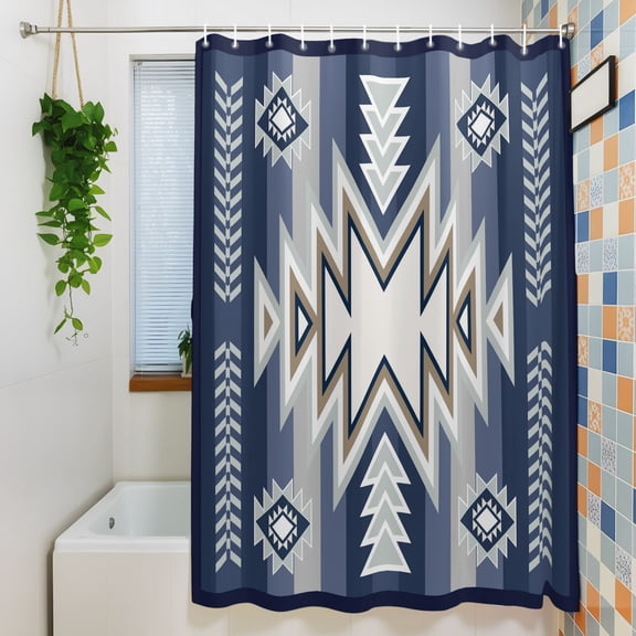 Shower Curtain, Ethnic Boho Morocco Theme Waterproof Polyester Fabric Bath Curtain with Hooks for Bathroom Bathtub Stalls, Aztec Blue Geometric Art 36x72IN