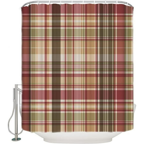 Shower Curtain, Fall Farmhouse Retro Brown And Pink Plaid Buffalo Washable Shower Curtain With Hooks Bath Decor Fabric Shower Curtains For Bathroom, Hotel, Stalls, Bathtubs 48"W x 72"L
