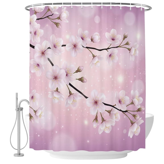 Shower Curtain Fantasy Spring Flowers Waterproof Polyester Bath Curtain Cherry Blossoms Gradient Purple Shower Curtain Set with Hooks for Bathtub Home Decor 72x72in