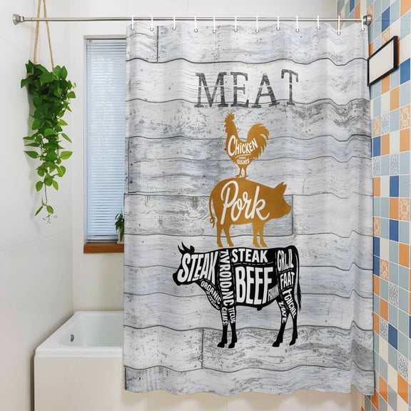 Shower Curtain, Farm Animal Meat Waterproof Polyester Fabric Bath Curtain with Hooks for Bathroom Bathtub Stalls, Vintage Chicken Pork and Beef on Wood Board 36x72IN