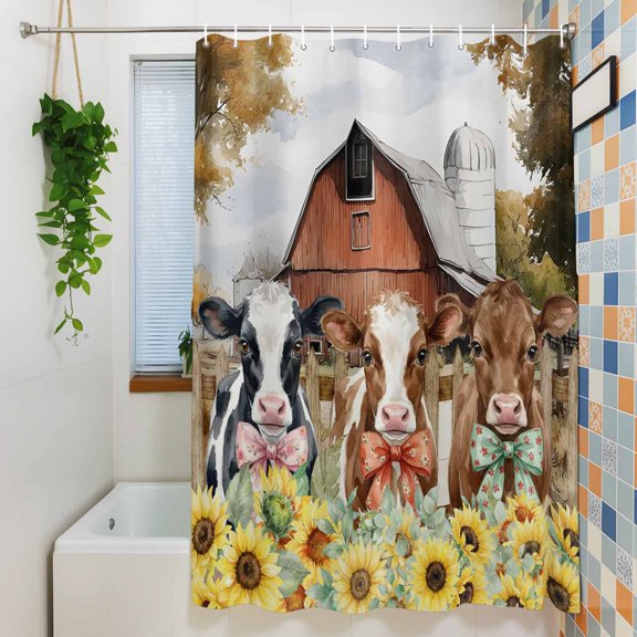 Shower Curtain, Farm Cattle Yellow Sunflower Waterproof Polyester Fabric Bath Curtain with Hooks for Bathroom Bathtub Stalls, Retro Farmhouse Barn 72x72IN