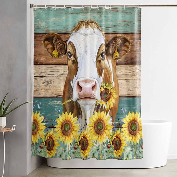 Shower Curtain, Farm Cow Country Sunflower Plant Waterproof Shower Curtain Set with Hooks for Bathroom Showers,Stalls and Bathtubs,72x84In Vintage Farmhouse Plank