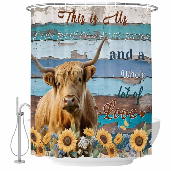 Shower Curtain Farm Highland Cattle Sunflower Bathroom Curtains with Hooks, Waterproof Fabric Blue Wood Grain Cow Animal Bath Shower Curtains Set for Bathroom Bathtubs Decor 36x72 Inch