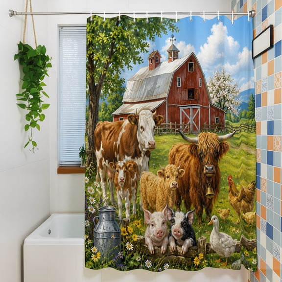 Shower Curtain, Farm Highland Cow Pig Duck Chicken Waterproof Polyester Fabric Bath Curtain with Hooks for Bathroom Bathtub Stalls, Retro Red Barn 72x84IN