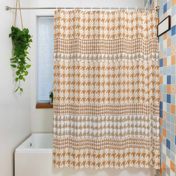 Shower Curtain, Farm Lattice Houndstooth Pattern Waterproof Polyester Fabric Bath Curtain with Hooks for Bathroom Bathtub Stalls, Rustic Beige Khaki Plaid 36x72IN