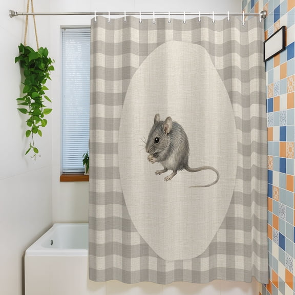 Shower Curtain, Farm Mouse on Burlap Waterproof Polyester Fabric Bath Curtain with Hooks for Bathroom Bathtub Stalls, Rustic Gray Buffalo Plaid 72x72IN