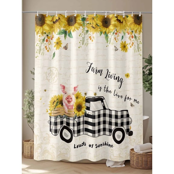 Shower Curtain, Farm Pig Black Plaid Trucks Waterproof Shower Curtain Set with Hooks for Bathroom Showers,Stalls and Bathtubs,72x72In Vintage Leaves Sunflower