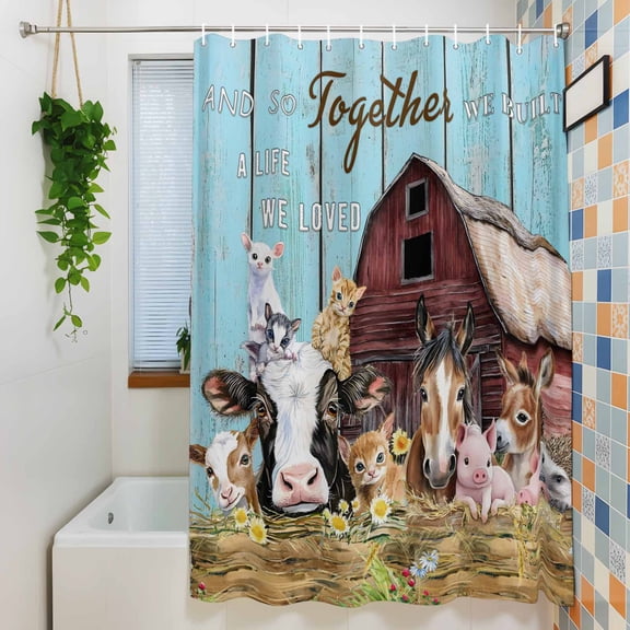 Shower Curtain, Farm Pig Horse Rabbit Barn Fence Wheat Waterproof Polyester Fabric Bath Curtain with Hooks for Bathroom Bathtub Stalls, Vintage Blue Wood Board 72x72IN