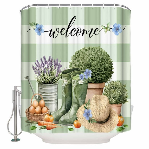 Shower Curtain, Farm Radish Pot Boots Lavender Waterproof Shower Curtain Set with Hooks for Bathroom Showers,Stalls and Bathtubs,72x72In Straw Hat on Green Plaid