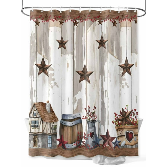 Shower Curtain Farm Star Barn Bathroom Curtains with Hooks, Waterproof Fabric Red Berry Wood Grain Bath Shower Curtains Set for Bathroom Bathtubs Decor 36x72 Inch