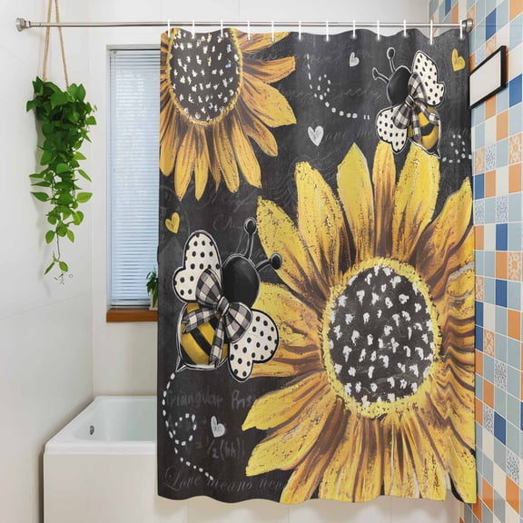 Shower Curtain, Farm Sunflower Bee Love Waterproof Polyester Fabric Bath Curtain with Hooks for Bathroom Bathtub Stalls, Blossom Floral Retro Grey 36x72IN