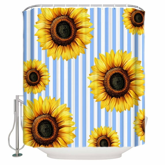 Shower Curtain, Farm Watercolor Sunflower Waterproof Shower Curtain Set with Hooks for Bathroom Showers,Stalls and Bathtubs,72x72In Blue Stripe