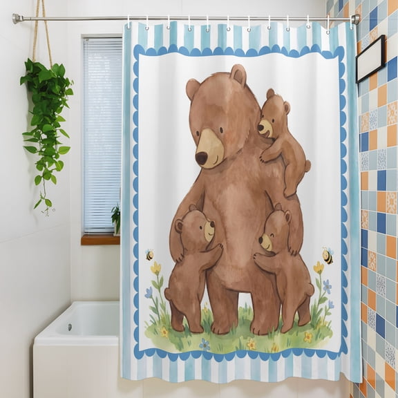 Shower Curtain, Farmhouse Bears Pastoral Flower Waterproof Polyester Fabric Bath Curtain with Hooks for Bathroom Bathtub Stalls, Brown Animal Blue Stripe 72x72IN
