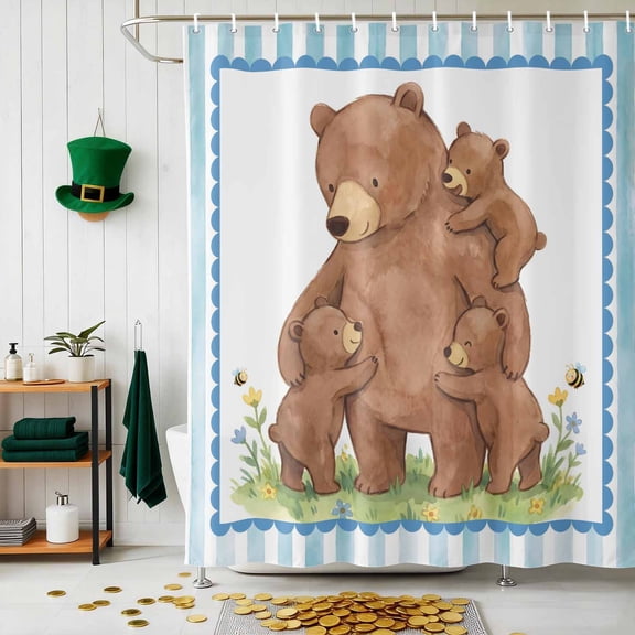 Shower Curtain, Farmhouse Bears Pastoral Flower Waterproof Shower Curtain Set with Hooks for Bathroom Showers,Stalls and Bathtubs,72x72In Brown Animal Blue Stripe
