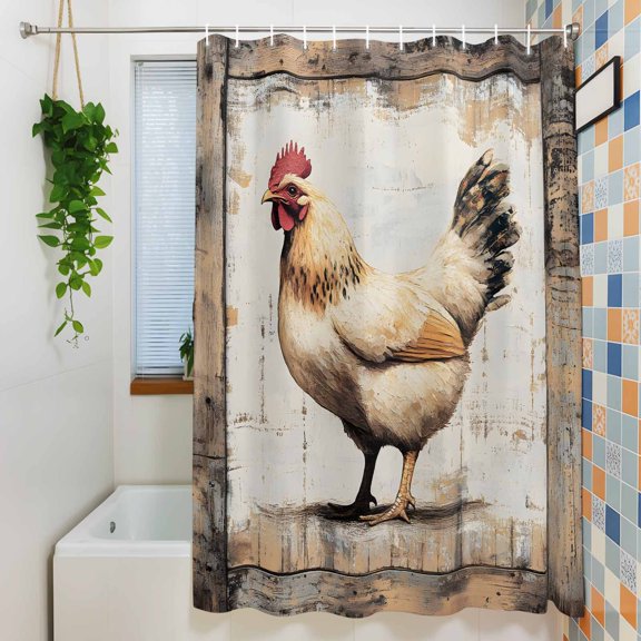 Shower Curtain, Farmhouse Chicken Wood Board Waterproof Polyester Fabric Bath Curtain with Hooks for Bathroom Bathtub Stalls, Vintage Rustic Animal Wooden 36x72IN