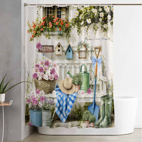 Shower Curtain, Farmhouse Colorful Flower Waterproof Shower Curtain Set with Hooks for Bathroom Showers,Stalls and Bathtubs,60x72In Rustic Wood Welcome Text