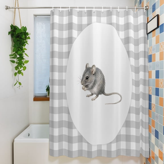 Shower Curtain, Farmhouse Field Mouse Animal Art Waterproof Polyester Fabric Bath Curtain with Hooks for Bathroom Bathtub Stalls, Modern Gray White Checker 72x72IN