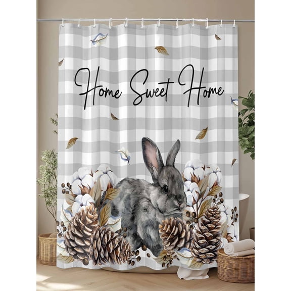 Shower Curtain, Farmhouse Rabbit Pine Cone Waterproof Shower Curtain Set with Hooks for Bathroom Showers,Stalls and Bathtubs,72x72In Sweet Home Text Gray Checkered