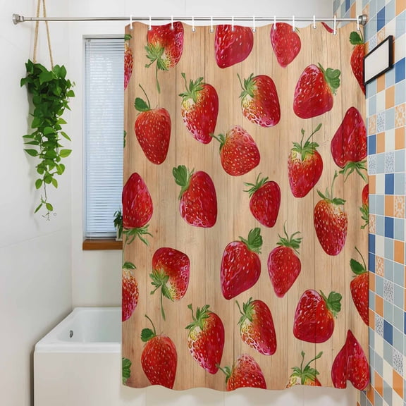 Shower Curtain, Farmhouse Strawberry Wood Texture Waterproof Polyester Fabric Bath Curtain with Hooks for Bathroom Bathtub Stalls, Country Red Fruit 36x72IN