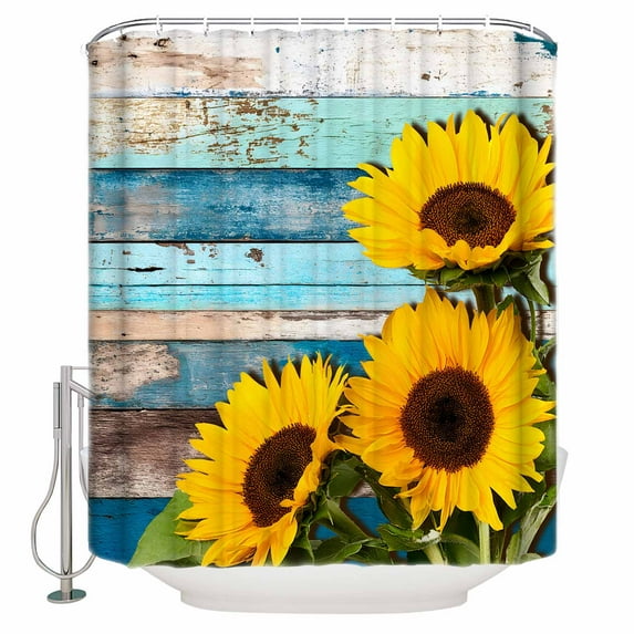 Shower Curtain Farmhouse Sunflowers Leaves Waterproof Shower Curtain Set with Hooks for Bathroom Showers,Stalls and Bathtubs,54x78In Vintage Blue Wood Grain