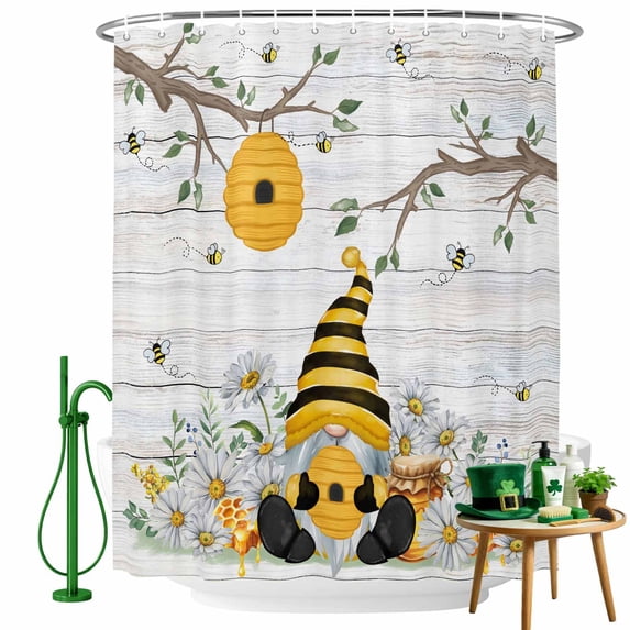 Shower Curtain, Farmhouse Yellow Black Gnome Waterproof Shower Curtain Set with Hooks for Bathroom Showers,Stalls and Bathtubs,36x72In Spring Bee Daisy Flower Wood Board