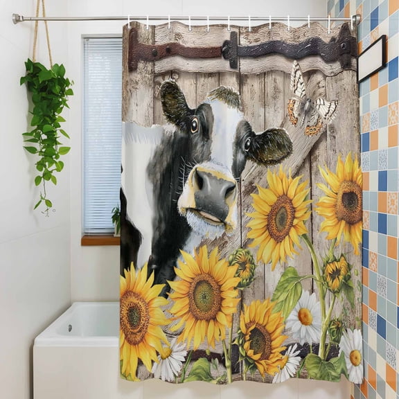 Shower Curtain, Farmhouses Cows Sunflower Daisy Leaves Waterproof Polyester Fabric Bath Curtain with Hooks for Bathroom Bathtub Stalls, Vintage Barn 36x72IN