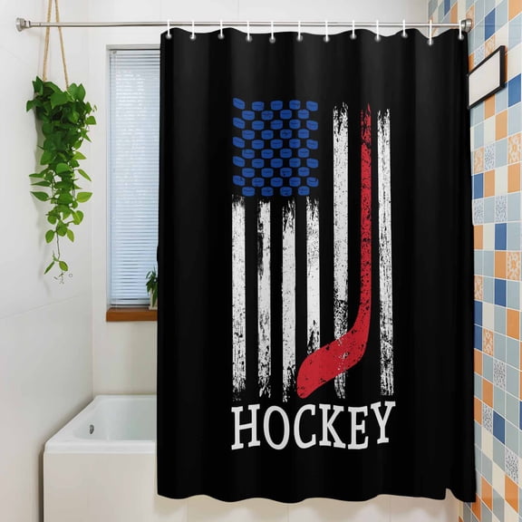 Shower Curtain, Firefighter American Flag Thin Red Line Waterproof Polyester Fabric Bath Curtain with Hooks for Bathroom Bathtub Stalls, Hockey Sport 72x72IN
