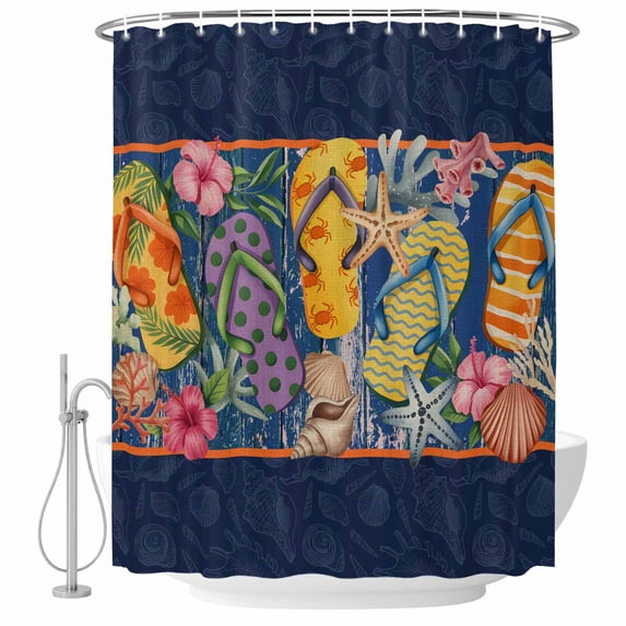 Shower Curtain Flip Flops Bathroom Curtains with Hooks, Waterproof Fabric Slippers Summer Holidays Marine Life Bath Shower Curtains Set for Bathroom Bathtubs Decor 36x72 Inch