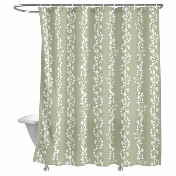 Shower Curtain Floral Leaves Stripes Bathroom Curtains with Hooks, Waterproof Fabric Sage Green Vines Striped Bath Shower Curtains Set for Bathroom Bathtubs Decor 72x72 Inch