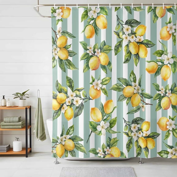 Shower Curtain Floral Lemon Shower Curtains for Bathroom Decor, Waterproof Polyester Shower Curtain Set with Hooks, Small Stall Size 36" x 72" Teal Green Stripes