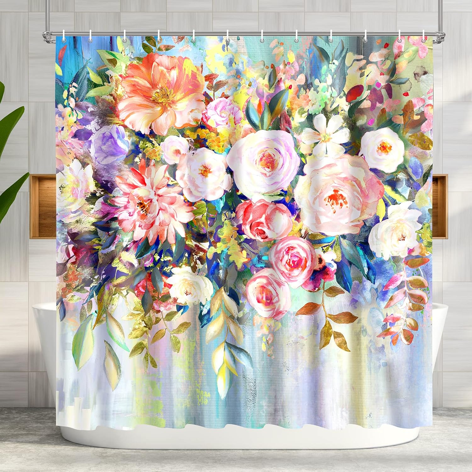Shower Curtain Floral, Oil Painting Flower Shower Curtains for Bathroom