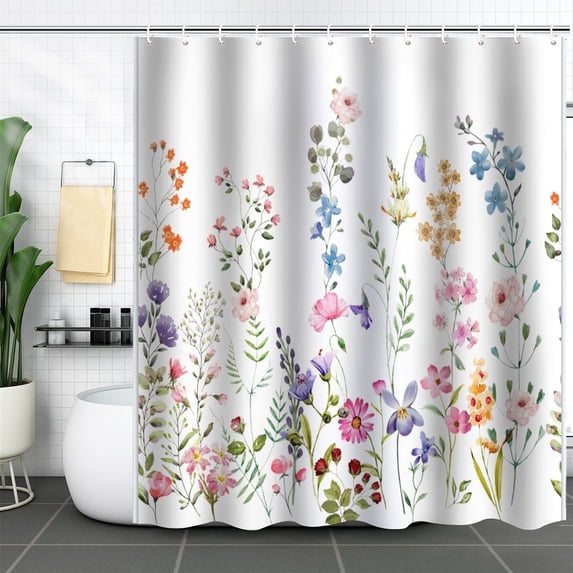 Shower Curtain Floral Printed Water Repellent for Bathroom, Decorative Partition Cloth with Hooks Easy Install, 70.9x70.9 Inch
