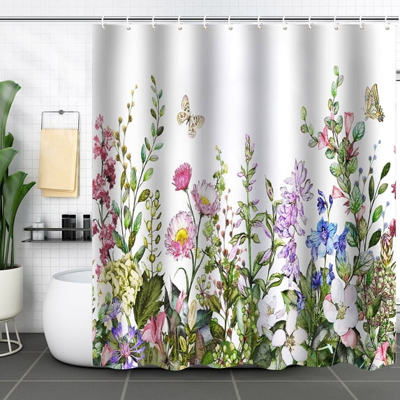 Shower Curtain Floral Printed Water Repellent for Bathroom, Decorative Partition Cloth with Hooks Easy Install, 70.9x70.9 Inch