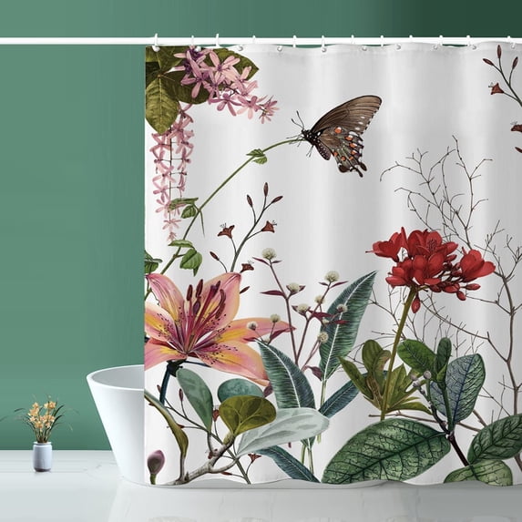 Shower Curtain Floral Printed Water Repellent for Bathroom, Decorative Partition Cloth with Hooks Easy Install, 70.9x70.9 Inch